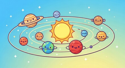 Colorful Cartoon Solar System Illustration Featuring Happy Planets and Sun