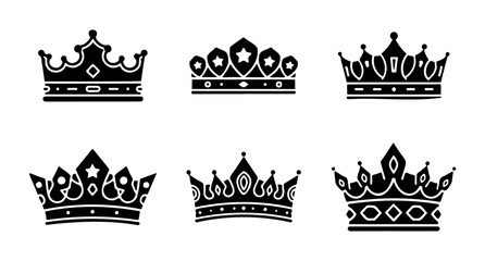 collection of black silhouette royal king and queen crown icons set