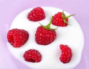 Close-up of ripe red raspberries nestled in creamy white yogurt against a soft pink backdrop