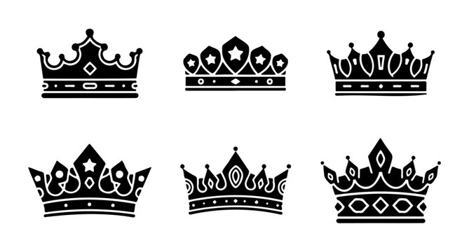 collection of black silhouette royal king and queen crown icons set