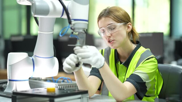 Two female engineering students programming robotic arm using tablet in modern laboratory. Young women in safety gear collaborating on industrial automation technology project at university.