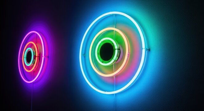 Colorful Neon Circular Light Installations Creating Vibrant Abstract Art Wall Display - Powered by Adobe