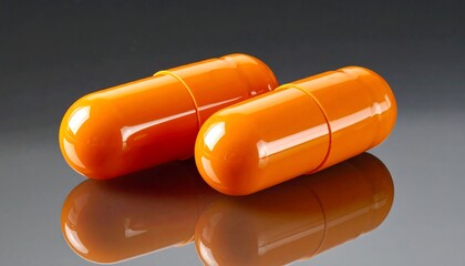 Close-up of two bright orange pharmaceutical capsules with a glossy finish, resting on a reflective, dark gray surface