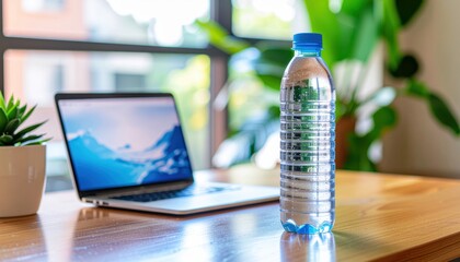 Obraz premium Refreshing Water Bottle on Desk Next to Laptop and Plants, Healthy Hydration