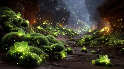 Luminous Green Fuzz in Mysterious Cave Interior at Night
