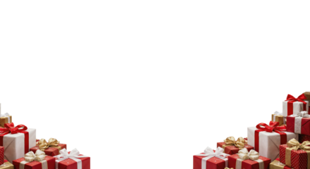 Featuring a wrapped gift box in red, white, and gold, arranged as a decorative frame on a transparent background. The white space in the center makes this image ideal for greeting cards, etc