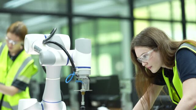 Empowering future female engineers. Diverse students mastering industrial robotics and AI automation with digital tablet in a modern innovation hub leading smart manufacturing careers.