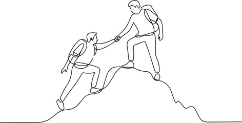 Fototapeta premium Single one line drawing two men hiker helping each other on top of mountain.one line vector illustration with out background