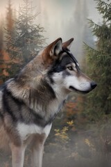 Fototapeta premium Majestic wolf standing in a misty forest with tall trees