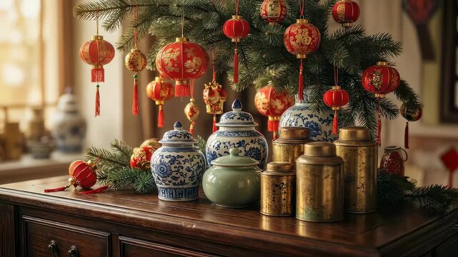 Chinese new year decoration with red lanterns, pine tree branches, and traditional porcelain jars on a wooden cabinet, celebratory decor for lunar year