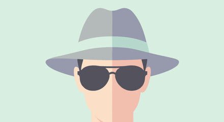 Flat design illustration of a mysterious anonymous person wearing a fedora and sunglasses.