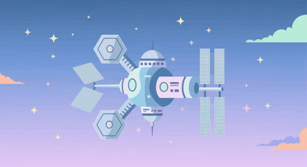 Illustration of a futuristic space station orbiting in a starry outer space. © A B I G A I L