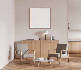Modern living room interior design featuring light wood furniture, gray armchairs, and a blank frame on beige background. 3D Rendering