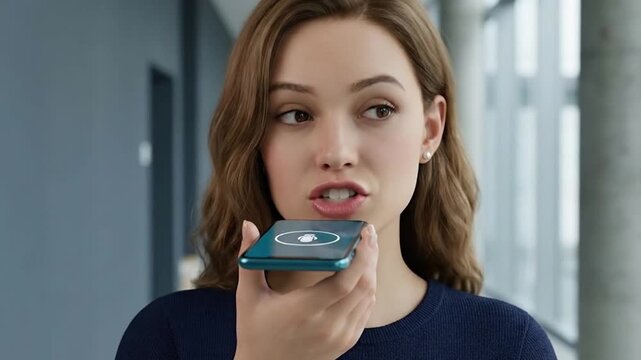 Engaged young woman using smartphone voice assistant, dictating a message or command with modern speech recognition technology in a contemporary se...