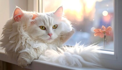 Fluffy white feline reclines on a windowsill bathed in warm sunlight, with a hint of blossom nearby