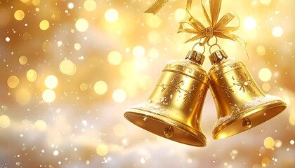 Golden bells, adorned with snow and tied with a ribbon, suspended against a blurry, warm, and sparkly background