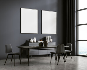 Stylish interior with gray dining table, chairs, and sideboard, minimalist decor, two blank frames on textured wall, large window background. 3D Rendering