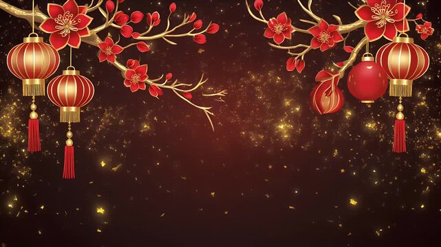 A festive oriental background with traditional red lanterns and beautiful pink cherry blossom flowers framing a rich golden border perfect for cultural celebrations