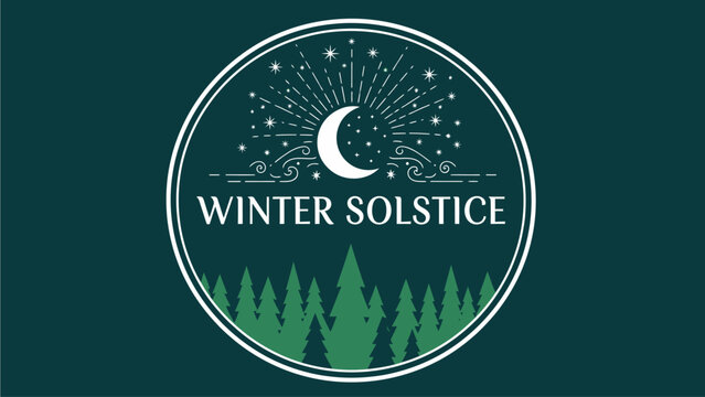 Winter solstice illustration featuring a serene forest landscape under a crescent moon and starry night sky