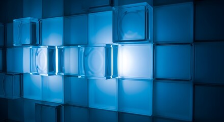 Obraz premium Blue illuminated digital wall with glowing rectangular panels and futuristic depth