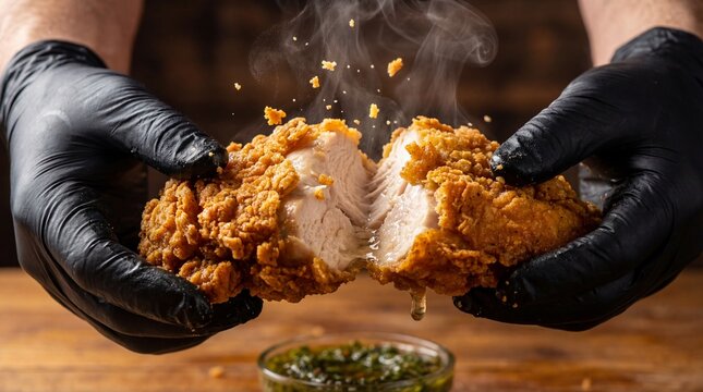 Chef hands in black gloves tearing hot fried chicken revealing juicy steam and crispy texture.