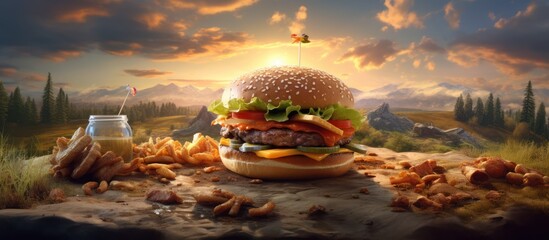 Epic gourmet hamburger and beer in a majestic fantasy landscape at sunset.