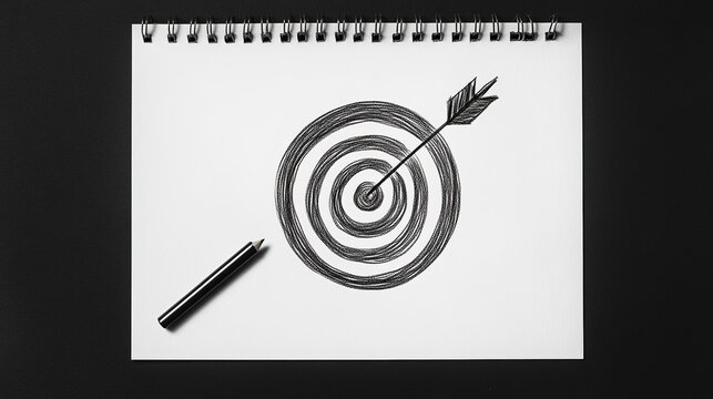 Hand-Drawn Target with Arrow on Notebook - Goal Focus Concept Element
