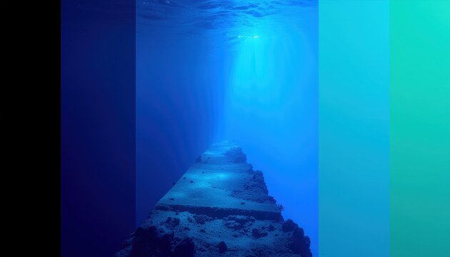 Sunlight illuminates ancient underwater stone pathway, mysterious deep blue ocean abyss. - Powered by Adobe