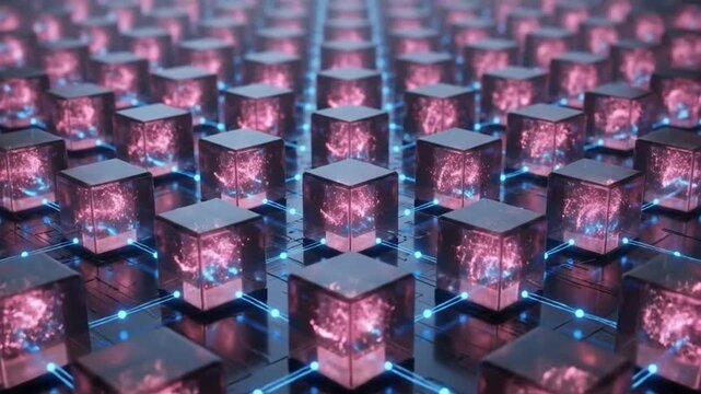Futuristic Digital Data Network: Infinite Grid of Glowing Cubes Connected by Luminous Blue Lines, Representing Blockchain, AI, and Big Data Processing