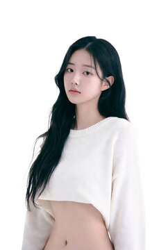 Portrait of beautiful young Asian woman with long black hair wearing casual crop top isolated on white background