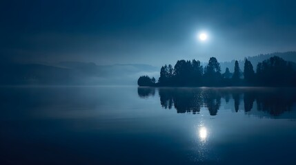 Obraz premium Moonlit Serenity - A Tranquil Lake Scene at Night.