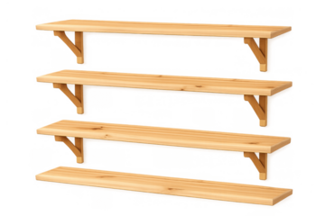 Wooden shelving unit with empty natural wood planks on a transparent background, providing storage and display space