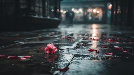 Wilted Flower Surrounded by Dark Shadows and Falling Petals