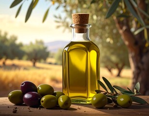 Glass bottle with cork and olives on wooden surface, olive grove blurred