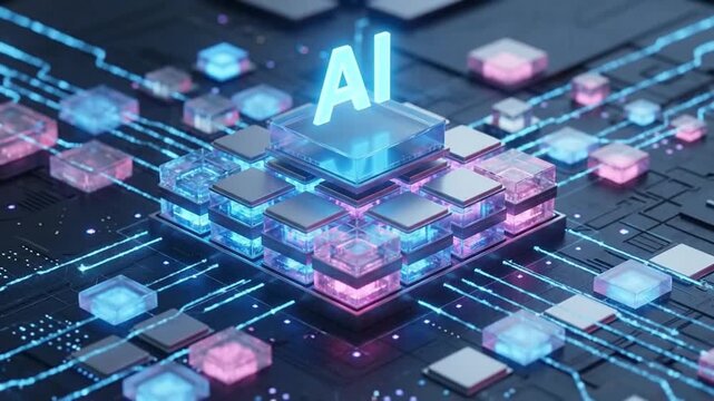 AI Processor on a Futuristic Circuit Board with Glowing Digital Connections. Concept of Artificial Intelligence, Machine Learning, and Advanced Com...