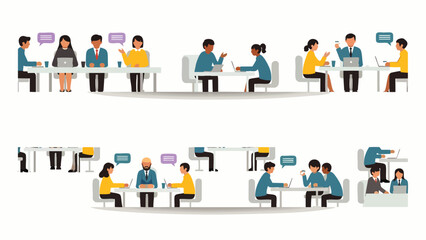 Diverse business people in meetings, collaborating and discussing ideas with speech bubbles