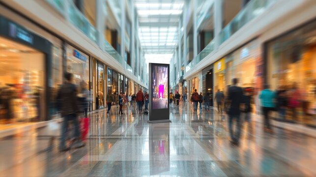 A bustling indoor space with blurred motion, showcasing shops and people walking, focus on a digital display in the center