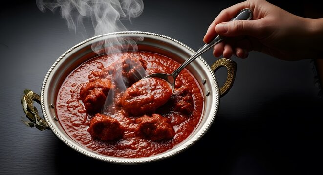 Steaming Hot Rogan Josh, Rich Kashmiri Lamb Curry, Served from a Traditional Silver Karahi Dish