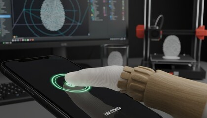 Robot finger scanning fingerprint on smartphone for unlocking, biometric security concept.