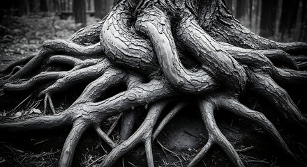 Intricate network of ancient tree roots exposed in a forest.