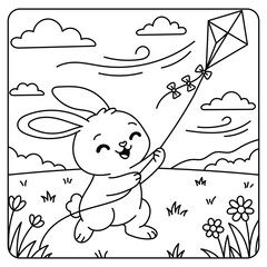 Naklejka premium Cute Bunny Flying Kite Coloring Page – Adorable Cartoon Rabbit Outdoor Line Art for Kids