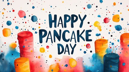 Colorful watercolor pancakes with "Happy Pancake Day" text.