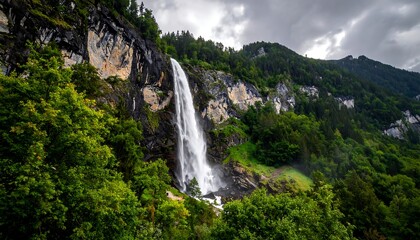 A majestic waterfall cascading down a cliff, surrounded by lush greenery