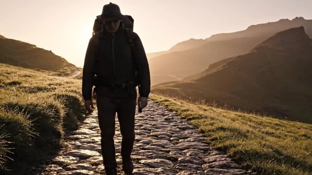 A lone adventurer navigates a rugged mountain path, bathed in golden dawn light, symbolizing discovery and nature's call