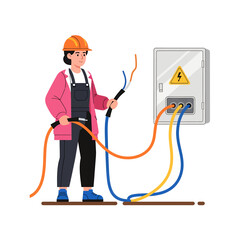 A female electrician is repairing a cable and holding a broken cable, vector illustration