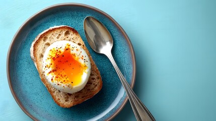 Poached Egg on Toast with Spoon on Blue Plate.