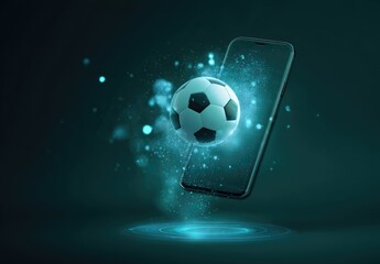 A soccer ball seemingly emerges from a smartphone screen, encircled by a vibrant, teal energy field on a dark background.  The effect suggests digital interaction or streaming