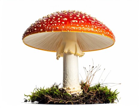 Vibrant red mushroom against white background close up isolated