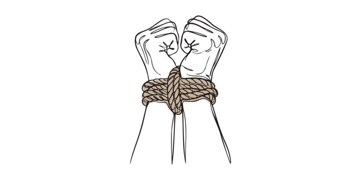 Illustrator vector single continuous line drawing of hands tied together with a rope. Minimalist sketch concept for lack of freedom, human trafficking, slavery, kidnapping, prisoner, criminal arrest.