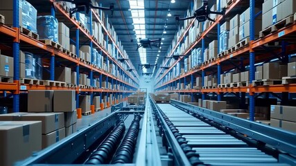 Automated warehouse interior with drone delivery systems and conveyor belts - Powered by Adobe